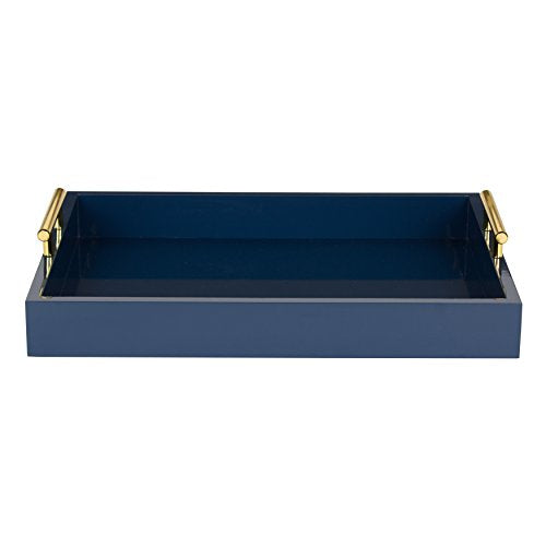 Kate and Laurel Lipton Decorative Tray with Polished Metal Handles, Navy Blue and Gold - color: Blue, size: 16.5" x 12.3" x 3.3"