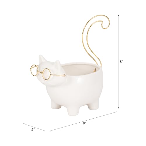 Ceramic Kitty Trinket Dish for House Decor Styling - Jewelry Tray for Coffee Table, Bed, Bathroom Vanity, and Home - Decorative Tray for Centerpiece Table and Jewelry Dish - 8", White & Gold - size: 8.0" H