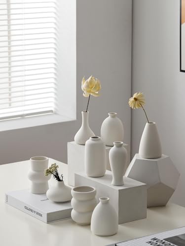Set of 9 Ceramic Bud Vases for Pampas Grass Flowers, Small Vases in Bulk for Centerpieces Boho Vases for Wedding Decorations Neutral Living Room and Bedroom Decor DIY Gift (White) - color: White