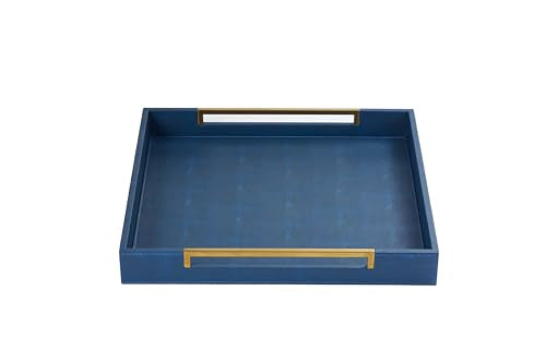 16x16 Inch Navy Blue Square Decorative Tray for Ottoman Coffee Table Faux Shagreen Leather Large Serving Tray Serving Food for Bar, Dinner, Party (Blue-Gold, Square 16") - color: Blue-gold, size: 16" x 16" x 2"