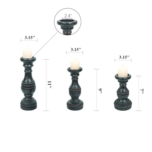 Solid Wood Candle Holder, Farmhouse Candle Holder for Pillar Candle Set of 3, Rustic Wooden Candle Stand, Vintage Small Wooden Candlestick Holders Decorative for Living Room, Table Centerpiece - color: Charcoal Black