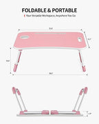 FISYOD Foldable Laptop Table, Portable Lap Desk Bed Table Tray, Laptop Stand with Cup Holder & Tablet Slot & Lifting Handle for Working Writing Drawing & Eating (Pink) - color: Pink