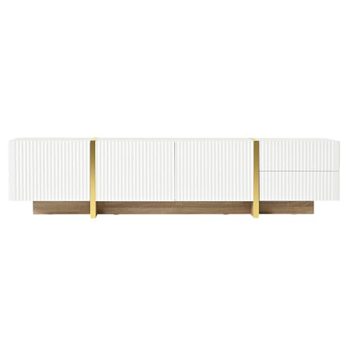 ON-TREND Luxury Fluted TV Stand for TVs Up to 80'', Modern Entertainment Center with Storage Cabinets & Drawers, Smooth Media Console with Golden Wood Grain Legs for Living Room, White - color: White4
