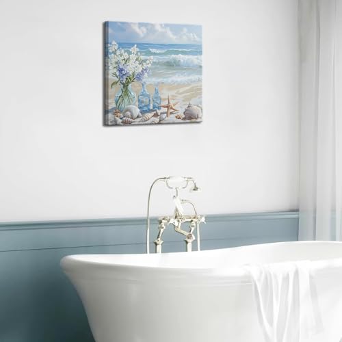 Blue Beach Canvas Wall Art Coastal Floral Vase Wall Decor Picture Ocean Theme Seascape Starfish Conch Poster Print for Bathroom Bedroom Living Room Office Decoration 12x12in - size: 12"L x 12"W