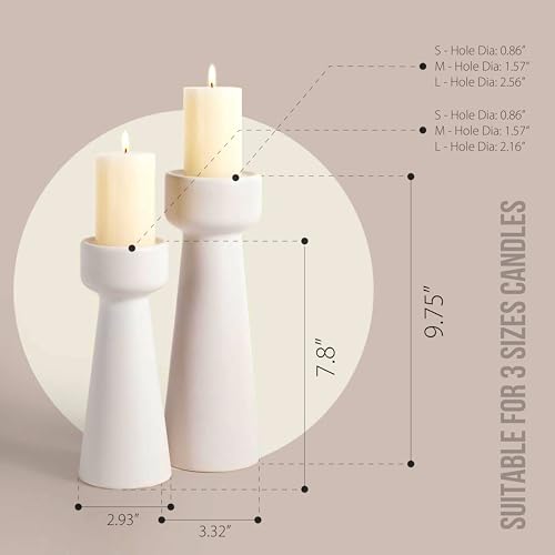 Set of 2 White Ceramic Taper Candle Holders, Matte Decorative Candlestick Holders in Small & Large Sizes for Home Decor, Dining Table, Weddings, Parties, and Aromatherapy