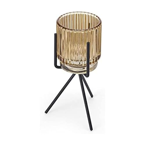 Elements 3.94x3.94x6.89 Inch Gold Glass and Black Metal Stand Candleholder, for Use with a Wax or Flameless Tealight Candle