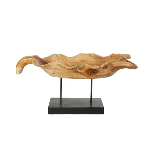 Deco 79 Teak Wood Leaf Decorative Sculpture Floating Home Decor Statue with Black Stand and Base, Accent Figurine 21" x 11" x 10", Brown