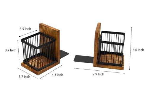 Owlgift Rustic Burnt Wood Decorative Bookends for Heavy Books with Matte Black Metal Wire Basket Pencil Holder and Office Supplies Storage Baskets Bins for Home, Office, Classroom, Dorm Room