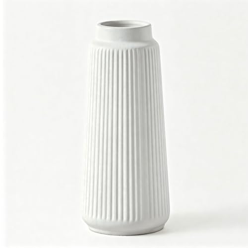 White Ceramic Vase, 8 Inch Conical Flower Vase for Pampas Grass, Modern Minimalist Ribbed Decorative Vase for Living Room Table, Shelf Decor - color: Matte White03