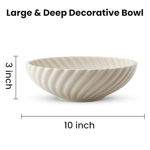 10'' Ceramic Decorative Bowl - Stylish Fruit Bowl for Kitchen Counter - Key Bowl for Entryway Table Decor - Large Decorative Bowls for Home Decor - Modern Home Decor Accents White