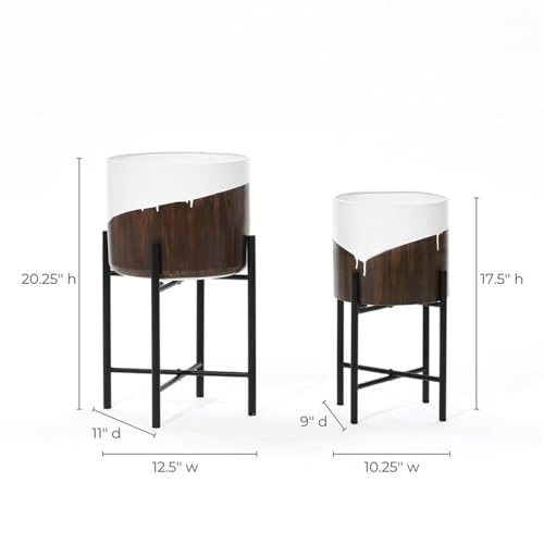 LuxenHome Modern Planter Pots, Set of 2 Planters for Indoor Plants, White and Brown Large Planters with Black Metal Stand, Flower Pots for Living Room, Office, Garden or Balcony, 10.25 & 12.5 Inch - color: E White Brown 12.5"+10.2"