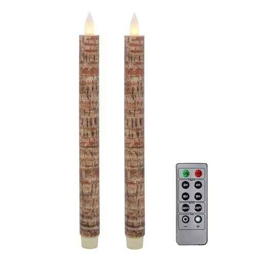 Flameless Taper Candles Flickering with Remote and Timer, 3D Moving Flame Taper Candle Battery Operated to 400 Hours, 9 Inch Window Candles, (Palm Bark) - color: Palm Bark