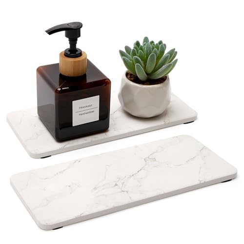 2 Pcs Water Absorbing Stone Drying Trays for Bathroom Sink Kitchen Counter Soap Dish Dispenser Sponge Holder White Ceramic Bathroom Vanity Quick Dry Stone Mat for Kitchen Sink Marble Diatomite Tray - color: White Marble