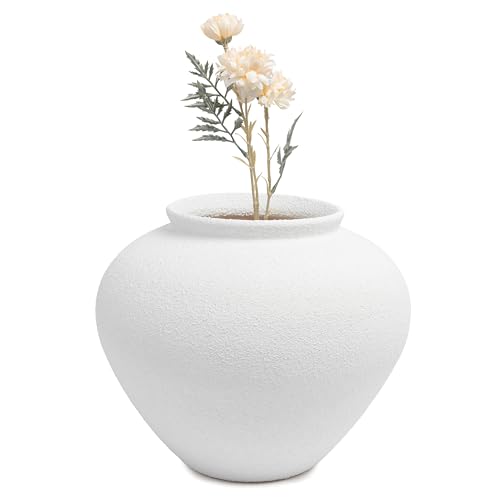 Rustic Rough-Textured Ceramic Vase, Handcrafted Texture Decorative Accent, White, 11.5" Wide x 9.75" Tall