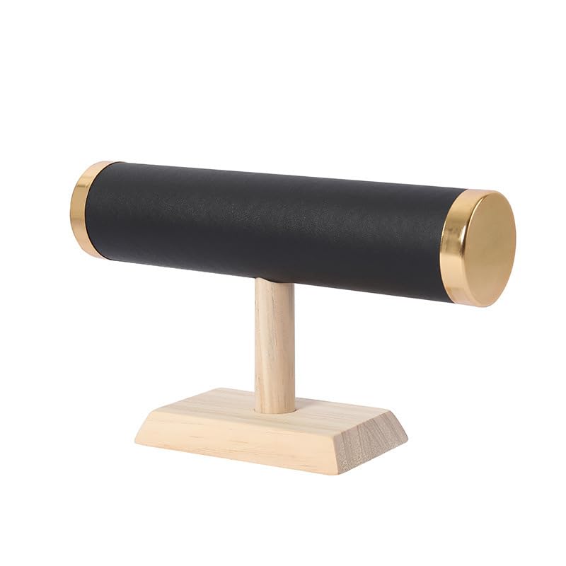 Jewelry Display T-Bar Stand – Elegant Black PU Leather & Natural Oak Wood Base, Space-Saving Organizer for Bracelets, Watches & Bangles - color: Round PU Black