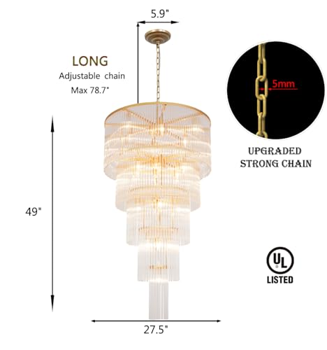 Large Gold Glass Chandelier, 5-Tier Modern Chandelier Light Fixture for High Ceiling Foyer Entryway Luxury Staircase Living Room Golden H49 D27.5 - size: Long Gold (27.5" x 49")