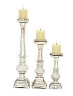 Deco 79 Glass Handmade Decorative Candle Holder Turned Style Pillar Candle Stand, Set of 3 Candlestick Holder 11", 15", 21"H, Silver