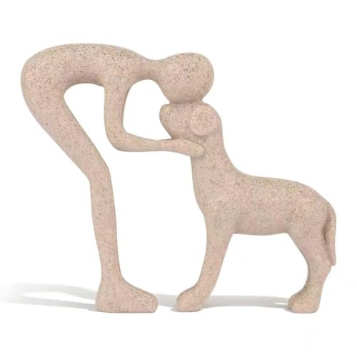Human and Dog Hugging Sculpture Decor - Forever Loved Pet Memorial Statue Gifts, Decorative Figurine for Home, Shelf, Desk & Office (Sandstone)