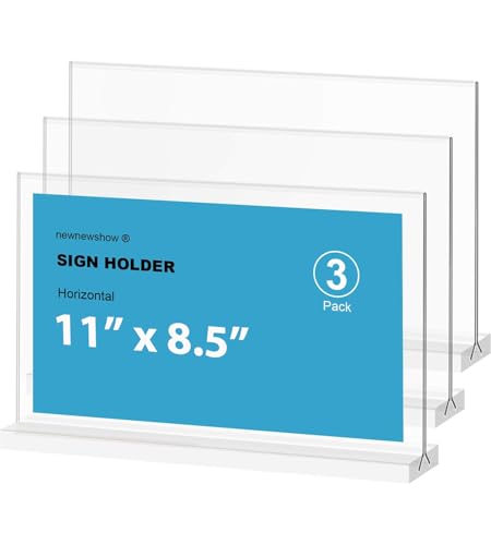 newnewshow Acrylic Sign Holder 11x8.5 Inch 3 Pack Horizontal T Shape Double-Sided Desktop Display Holder. (Optional 8.5x11 8.5x5.5 5x7 Horizontal and Vertical) - size: 11x8.5 3pack