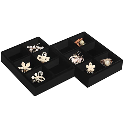 DesignSter Small Jewelry Tray-Ring Organizer 2PCS Premium Velvet Rings Earrings Display Tray Storage Insert Holder for Jewelry Box, Drawer, Dresser (6 Grids, Black) - color: Black, size: 6 Grids