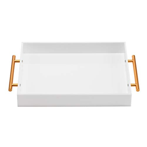 Glossy White Acrylic Tray with Metal Handle,No Need to Assemble-Acrylic Tray for Ottoman,Coffee Table, Breakfast, Tea, Food, Butler - Decorative Tray (12x18 Inch, White) - color: White, size: 18" x 12" x 2"