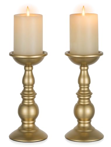 2 Pcs Gold Pillar Candle Holders, Gold Candlestick Most Ideal for 3" Pillar Candles, Gifts for Wedding, Party, Home, Spa, Reiki, Votive Candle (2 x L) - color: Gold, size: L + L