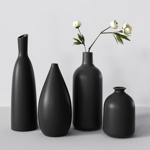 Black Ceramic Vase Set of 4,Modern Minimalist Vase Decor for Bookshelf,Dining Room Coffee Console Table Centerpieces - color: Black*4