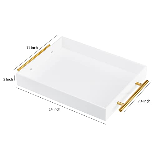 Glossy White Acrylic Lucite Serving Tray with Metal Handles,No Need to Assemble,11x14 Inch,Decorative Storage Organizer with Spill-Proof Design,Serving for Coffee,Breakfast,Dinner and More - color: White, size: 14" x 11" x 2"