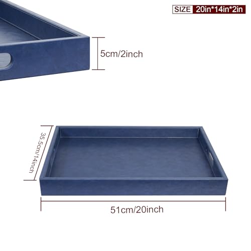 20 * 14 inches Leather Rectangle Serving Tray with Hole Handles,High-End Light Large Service Tray for Ottoman Tray, Tea, Food, Butler - Countertop, Kitchen,Family Dinner, Picnic (Blue) - color: Blue, size: 20" x 14" x 2"