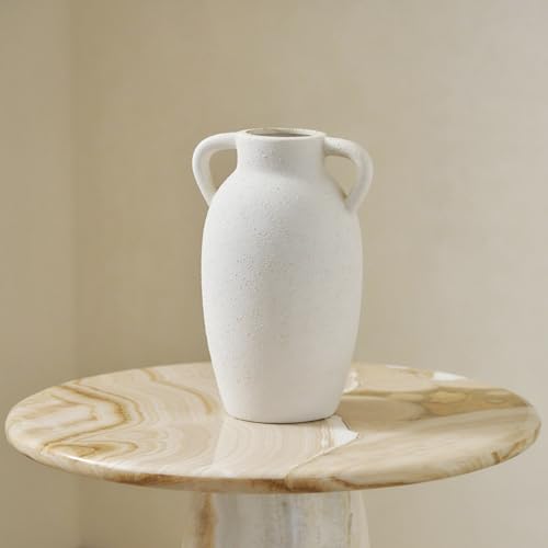 Wild Works Bailey Handmade Vase with 2 Ear Design 9.6'' Tall Ceramic Vase Retro Wabi-Sabi Style Floral Arrangement Vase Living Room Ceramic Flower Holder Hydroponic Planting（White