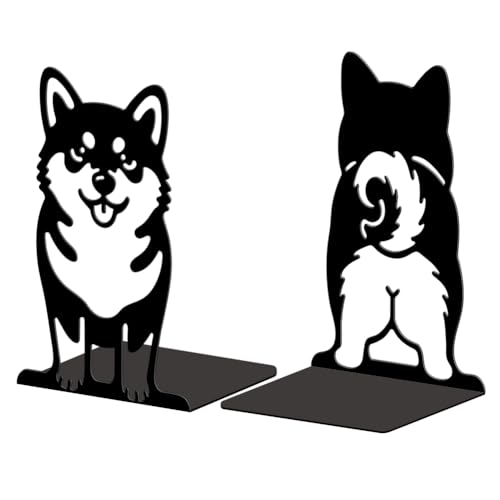 Peacoblue Metal Bookends for Shelves, Modern Decorative Heavy Duty Study Book Ends Stoppers for Office, Desk, Shelf, Room 5.3"x4.3"x7.9" Cast Iron Simple Tall Bookends 1 Pair (Cute Shiba Inu) - style: Cute Shiba Inu