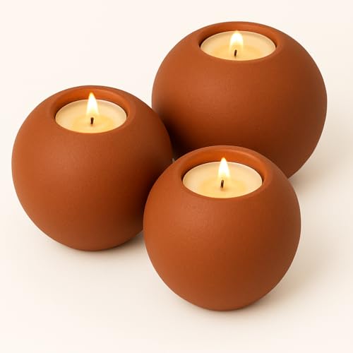 Concrete Sphere Tea Light Holder - Minimalist Centerpiece - Candle Holder - Modern Interior Design (Cinnabar Red, Set of 3 Sizes) - color: Cinnabar Red, size: Set of 3 Sizes
