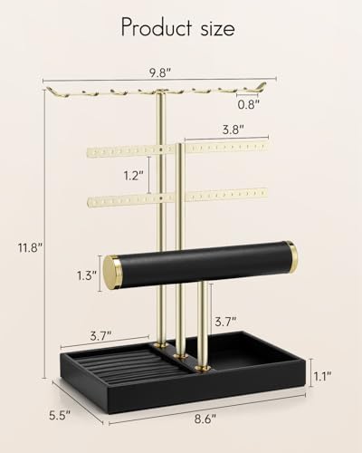 VLANDO 3 Tier Jewelry Stand Organizer with Tary, Leather Jewelry Holder Display for Women, Gold Jewlery Holder Display for Necklace, Earring, Bracelet, Rings - Black - color: C.Black, size: 3-Layer