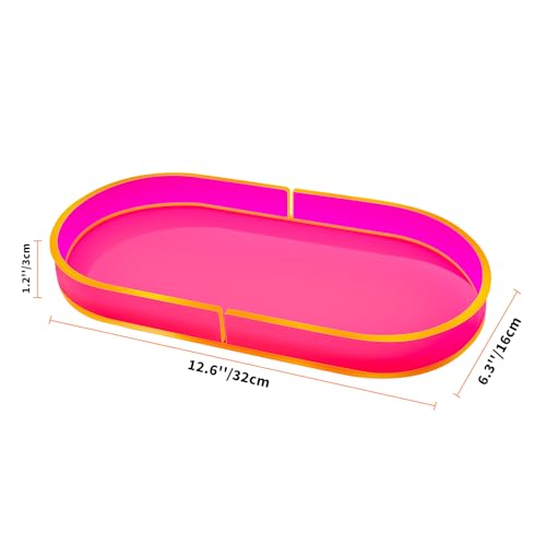 Acrylic Decorative Vanity Tray Perfume Jewelry Trinket Tray for Bathroom Counter Soap Toilet Tank Sink Small Candle Catch All Organizer, 12.6x6.3 Inches, Neon Pink - color: Neon Pink