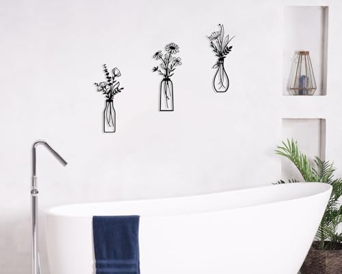 Pigort 3 Pieces Metal Flowers Wall Arts - Rustic Farmhouse Decor Black Minimalist Flower Wall Decors for Living room Bathroom Bedroom Dining Room - Housewarming Gifts(Black, Vase-C) - color: Black