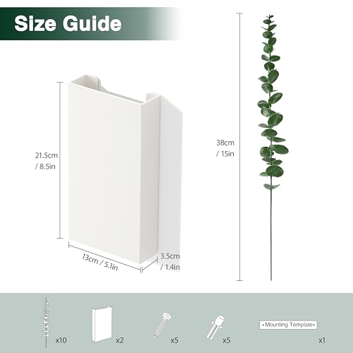 2 Pack Metal Wall Planter Vases Decor with Artificial Eucalyptus, Modern Farmhouse Rustic Hanging Pocket Planters for Indoor Greenery and Flowers, Living Room Bedroom Kitchen Decoration, White - color: White