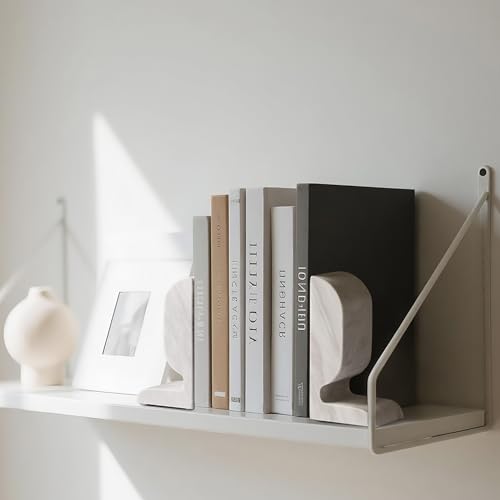 WORHE Marble Bookend for Shelves, Large Book Shelf Holder for Heavy Books, Natural Stone Book Stopper for Books CD Movies, Aesthetic Decorative Book Ends, Bookshelf Table Home Decor White (WH089) - color: White