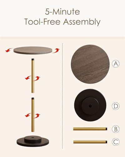 Masupu Drink Table, Round Side Table for Small Spaces, Pedestal Side Table, Small End Table with Metal Base, for Living Room, Bedroom, Bathroom, Grey - color: 06.grey