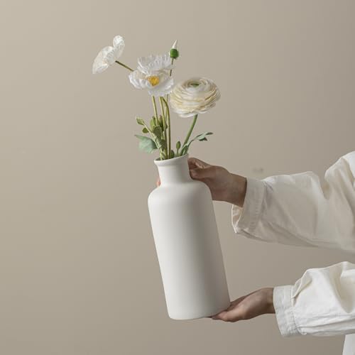 White Ribbed Ceramic Vase for Flowers, Modern Textured Decorative Vase, 10 Inch Tall, Farmhouse Style Home Decor (Nature White) - color: Nature White