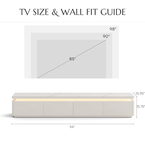 POVISON Fully Assembled 95" Mid-Century Modern TV Stand with LED Lights, Glossy Sintered Stone Top Media Console for 85 Inch TV, Drop-Down Doors & Drawers, Open Storage for Living Room - color: White, size: 95"