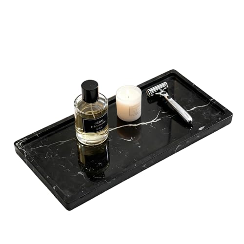 WeDoDecor Luxury Real Black Marble Bathroom Small Tray Vanity Decorative Rectangular Stone Tray for Countertops Dresser Guest Towels Holder Makeup Cologne Organizer for Toilet Tank Bathroom Accessory