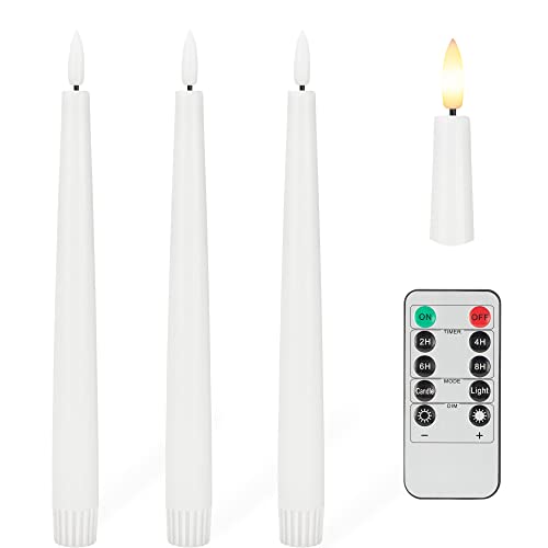 Flameless Taper Candles with 3D Wick, 9.6" Real Wax LED Candles with Remote and Timer, 3 Pack Flickering Candlesticks Battery Operated, Classic Tall Taper Candles for Home, Wedding, Party, White - color: White