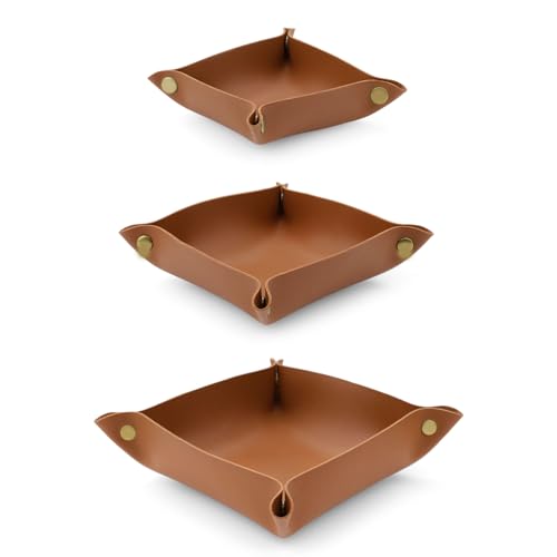 3 Pack Leather Valet Tray, 3 Sizes Catchall Tray Desk Organizer for Key Jewelry Trinket Watch Perfume Coin, for Entryway Table Nightstand Dresser Vanity Travel, Brown - color: Brown