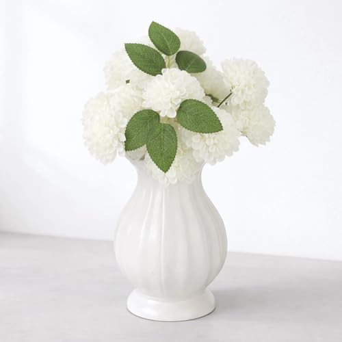 White Wavy Edge Ceramic Vase, Modern Ribbed Flower Vase for Home Decor, Scalloped Opening Pedestal Vase, Minimalism Elegant Table Centerpiece for Dining Table Mantle Bedside Shelves
