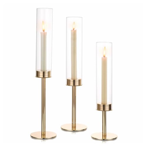 Hewory Gold Candle Holders, 3Pcs Hurricane Candlestick Holders with Glass Candle Cover for Wedding Table Centerpiece Christmas Decor - color: Gold, size: 3pcs