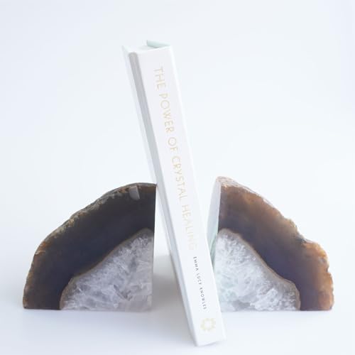 Natural Agate Geode Bookends - 2 to 3 lb Heavy Duty Rock Crystal Stone Book Ends for Shelves, with Rubber Bumpers, Decorative Book Holders for Home Office - color: Natural, size: 2-3 Lbs