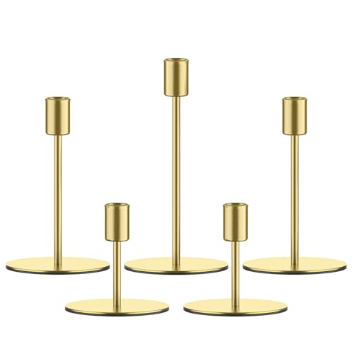 Smtyle Gold Taper Candle Holders for Candlesticks Set of 5 Matte Finial for Wedding Dining Table Centerpiece,Golden Birthday Gifts Decor - color: Gold-p5