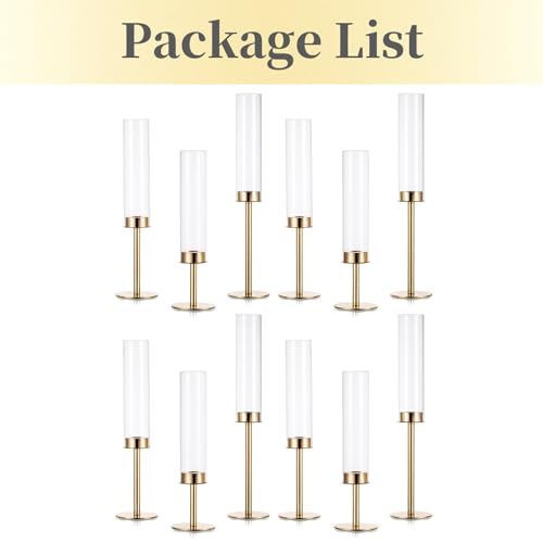 Hewory Gold Candle Holders Hurricane Candlestick Holders, 12Pcs Candle Stick Candle Holder Candelabra, Taper Candle Holders with Glass Candle Cover for Wedding Table Centerpiece Christmas Decor - color: Gold, size: 12pcs