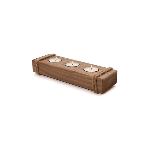 Wooden tealight Candle Holder - Rustic Tea Light Holder - Cool Wood Farmhouse Table Decor - 3 Tea Lights Candle Holder Tray - Cute Brown Tea Candle Holders