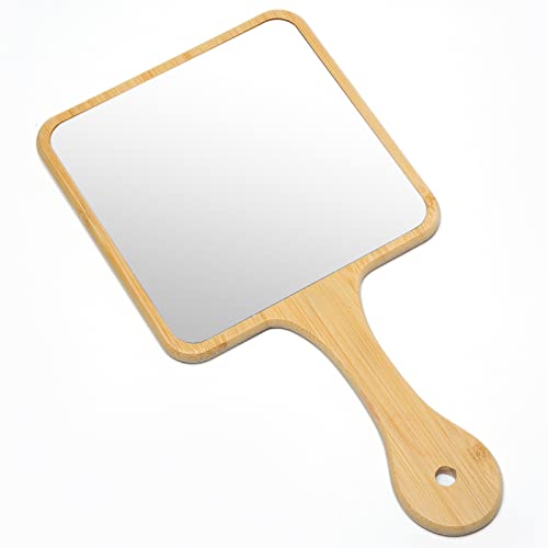 Handheld Mirror,Natural Bamboo Hand Mirror with Handle,Cute Hand held Mirror for Shaving Single-Sided Portable Travel Vanity Mirror for Men & Women,6.3" W x 11.8" L - size: 11.8"L x 6.3"W